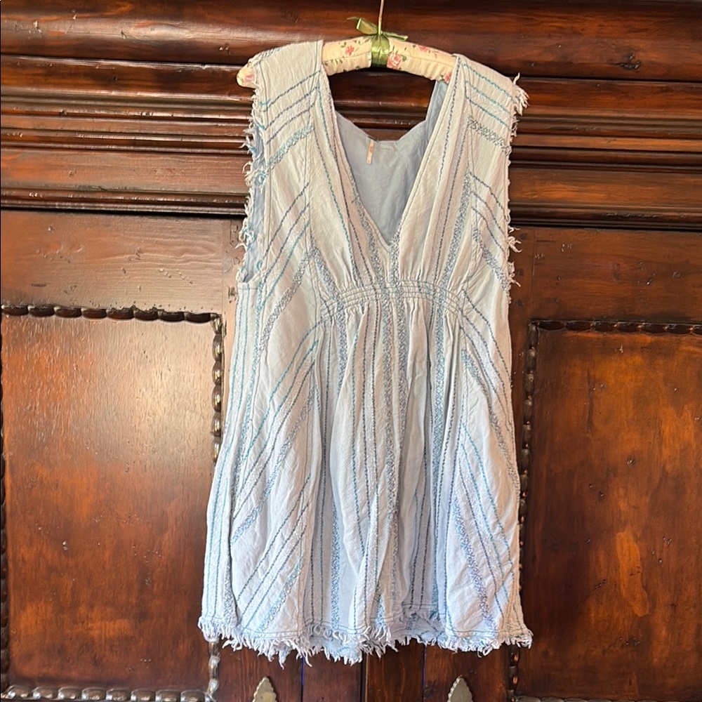 Light Blue Sleeveless Dress with Fringe